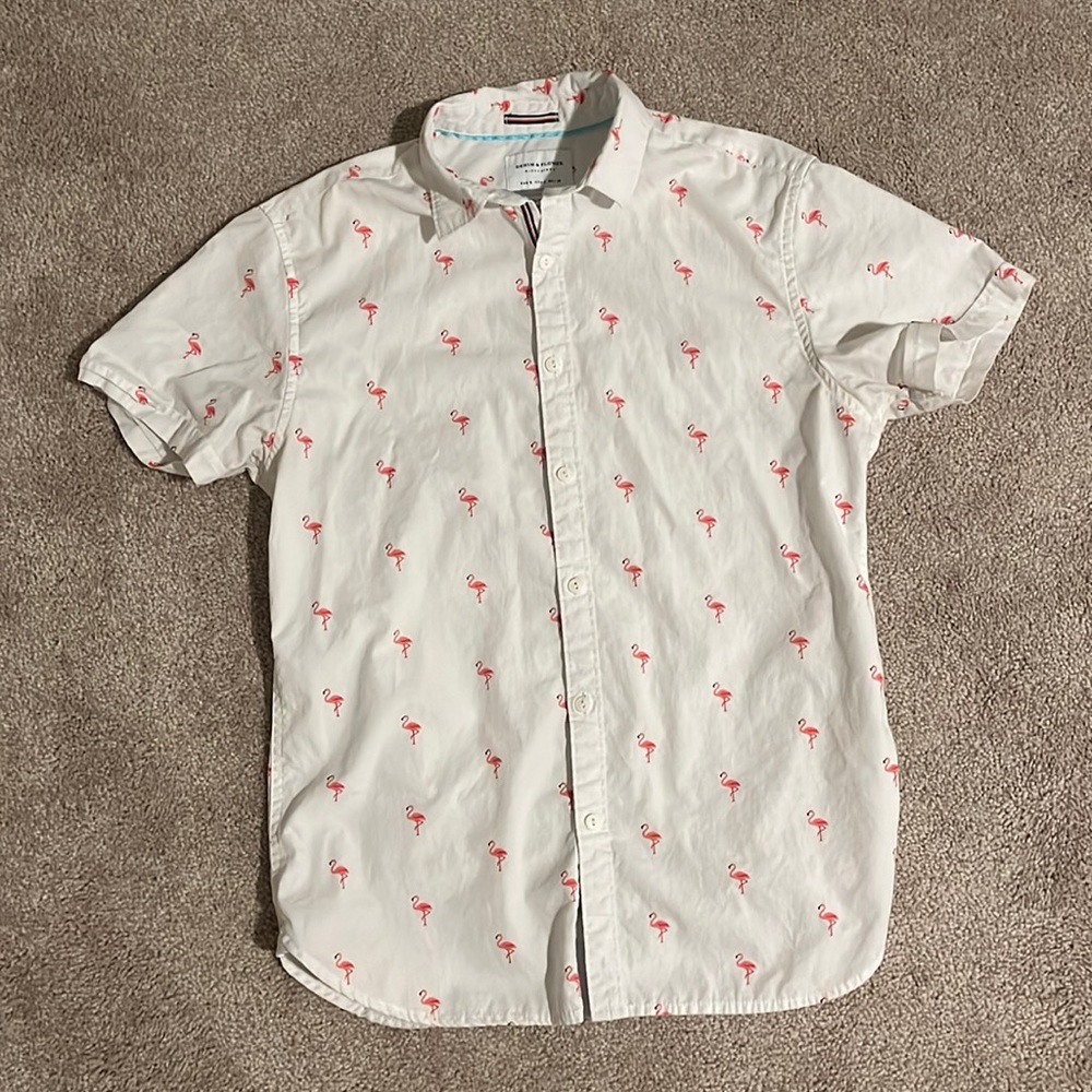 White Mens button up shirt with pink flamingos throughout it!